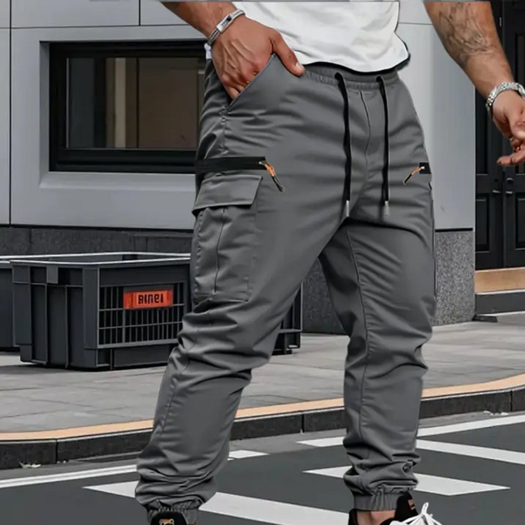 Versatile men's stretch cargo joggers in army green, grey, or black for ultimate comfort & style.