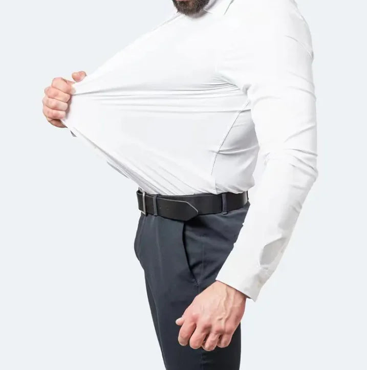 Folded men's stretch wrinkle-free dress shirt in a crisp white, highlighting its easy-care long sleeve design
