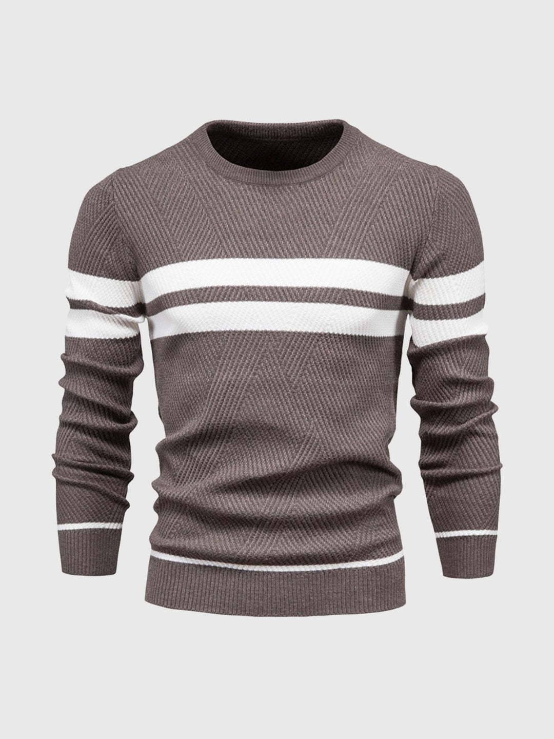 Side profile of a man wearing a stylish striped cotton blend crewneck sweater.