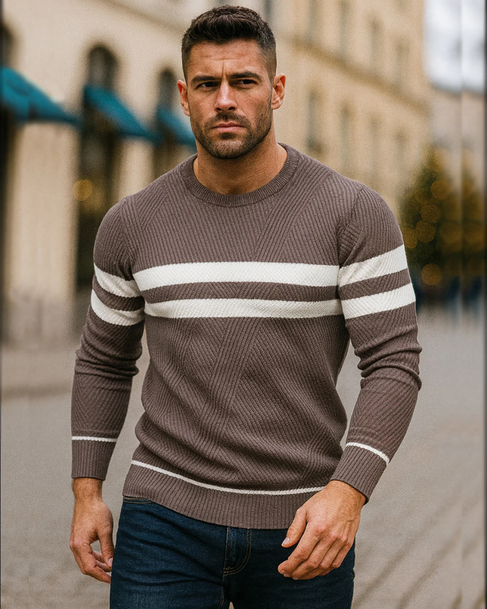 Close-up of the striped pattern on a men's crewneck sweater, cotton blend material.