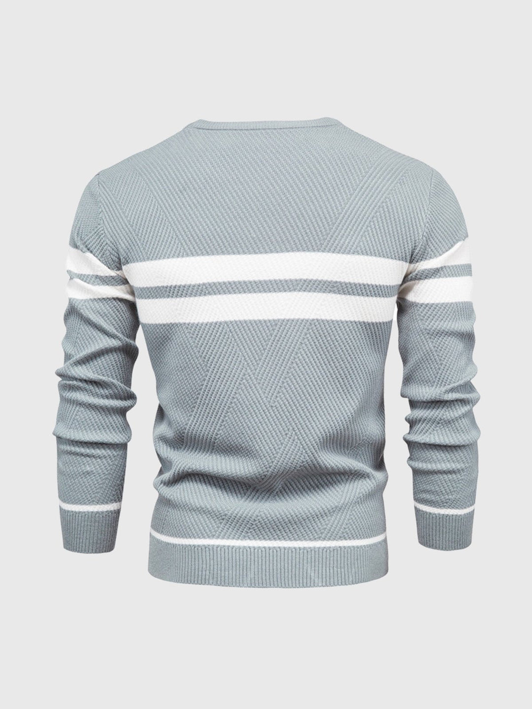 Model wearing a comfortable men's striped crewneck sweater, showcasing its casual style.