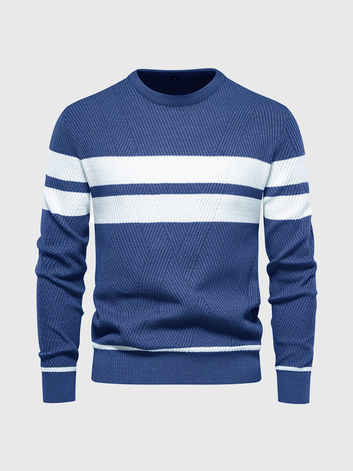 Fashionable men's striped crewneck sweater for autumn, offering cotton blend comfort.