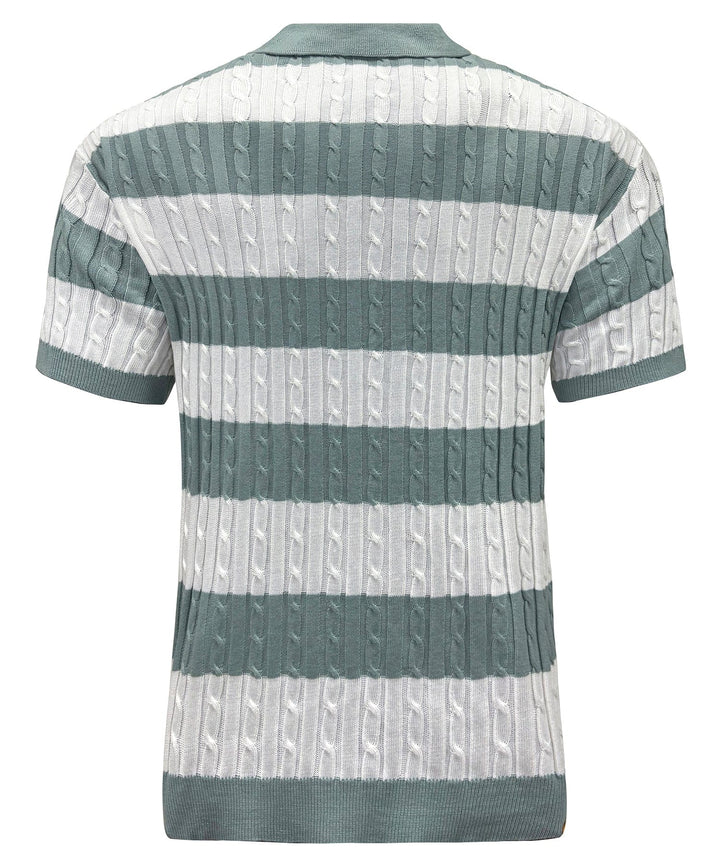 Casual men's striped knit polo shirt, short-sleeve collared top in a comfortable polyester fabric