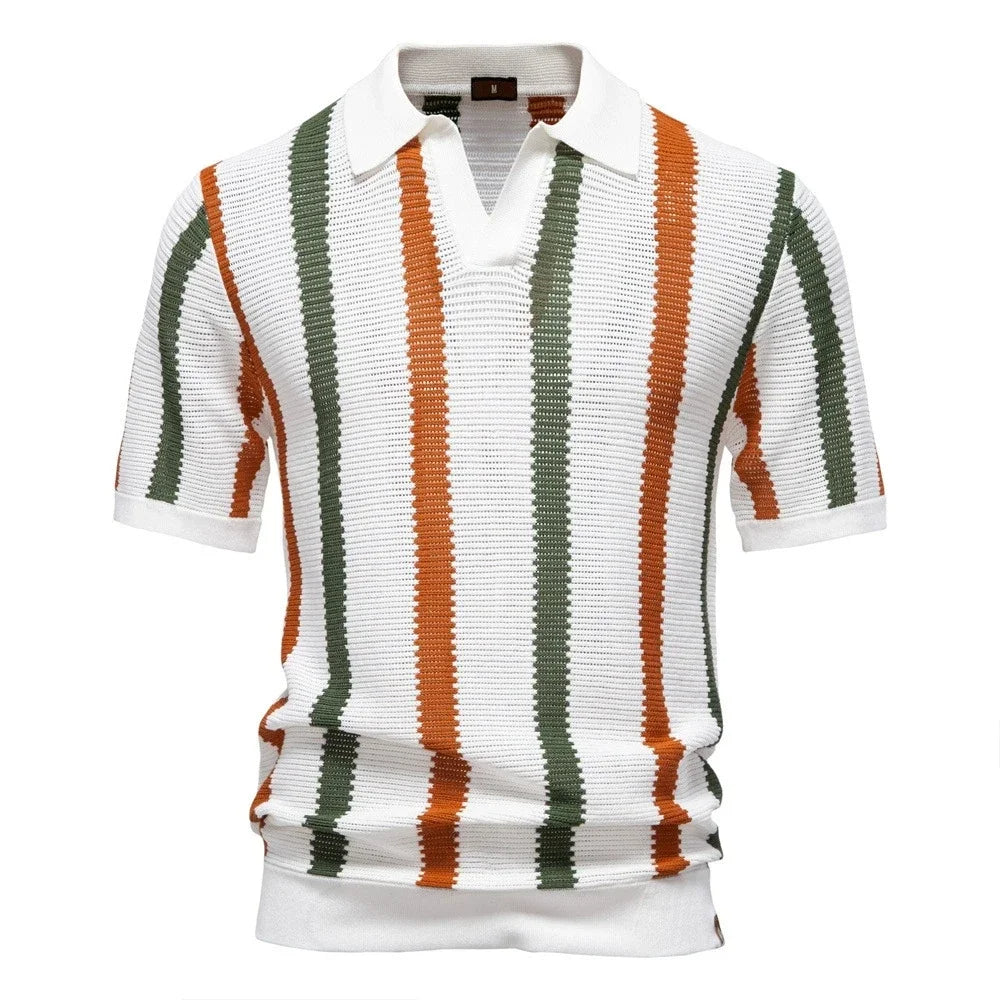 Men's striped polo shirt, short sleeve, casual comfort for summer & spring everyday style.