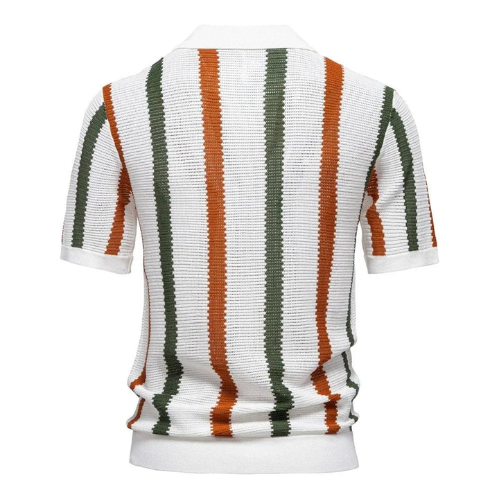 Relaxed fit men's v-neck striped polo shirt, ideal casual wear for spring & summer fashion.