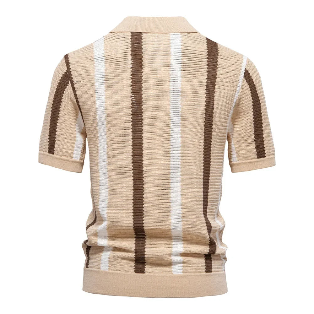 Men's v-neck striped polo, short sleeve summer top, relaxed fit for casual comfort & spring fashion.