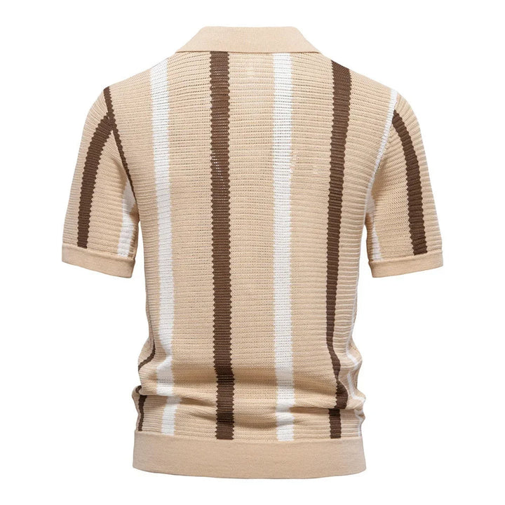 Men's v-neck striped polo, short sleeve summer top, relaxed fit for casual comfort & spring fashion.