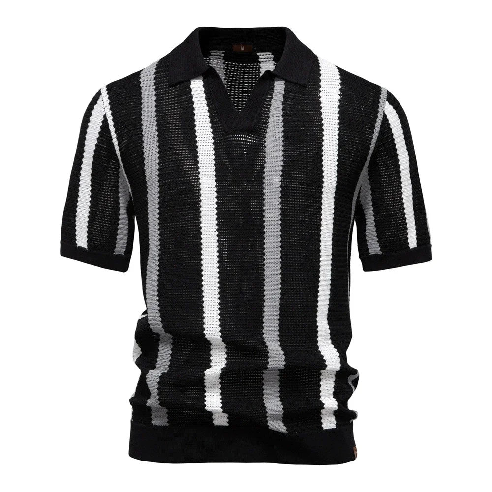 Stylish men's casual striped short sleeve polo shirt, perfect for everyday summer & spring fashion.