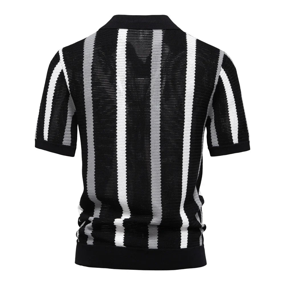 Versatile men's striped short sleeve polo, comfortable casual wear for spring, summer, and everyday style.