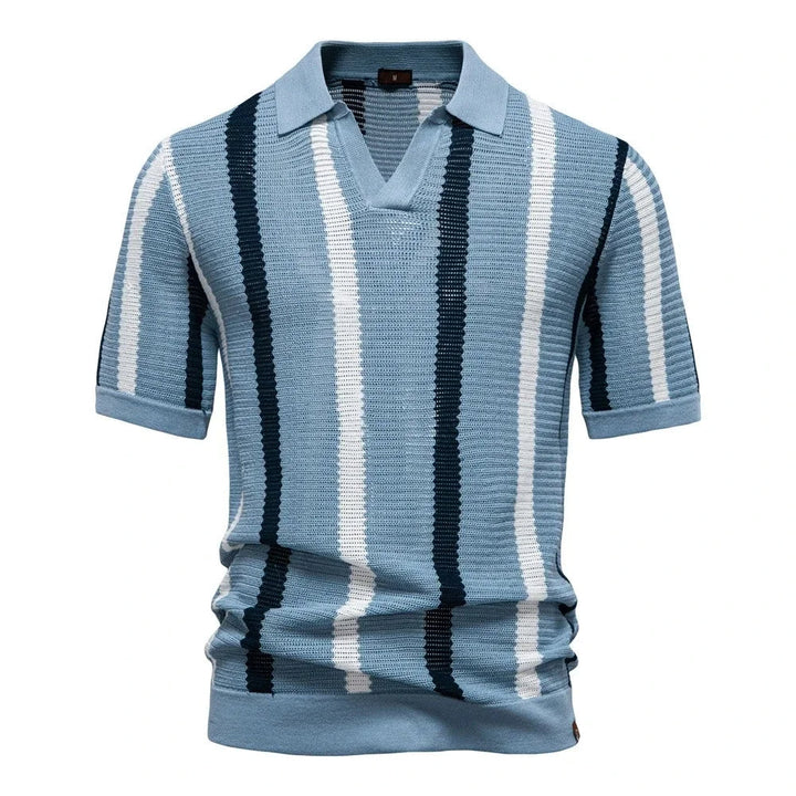 Comfortable men's striped polo shirt with short sleeves, relaxed fit for casual summer & spring fashion.