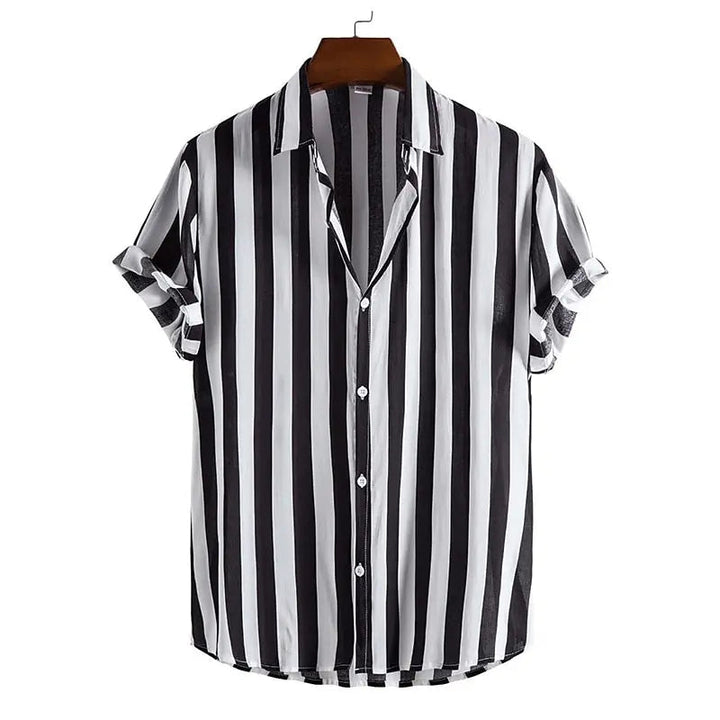 Striped men's polo shirt, relaxed fit. Features button-down placket & short sleeves for casual wear.