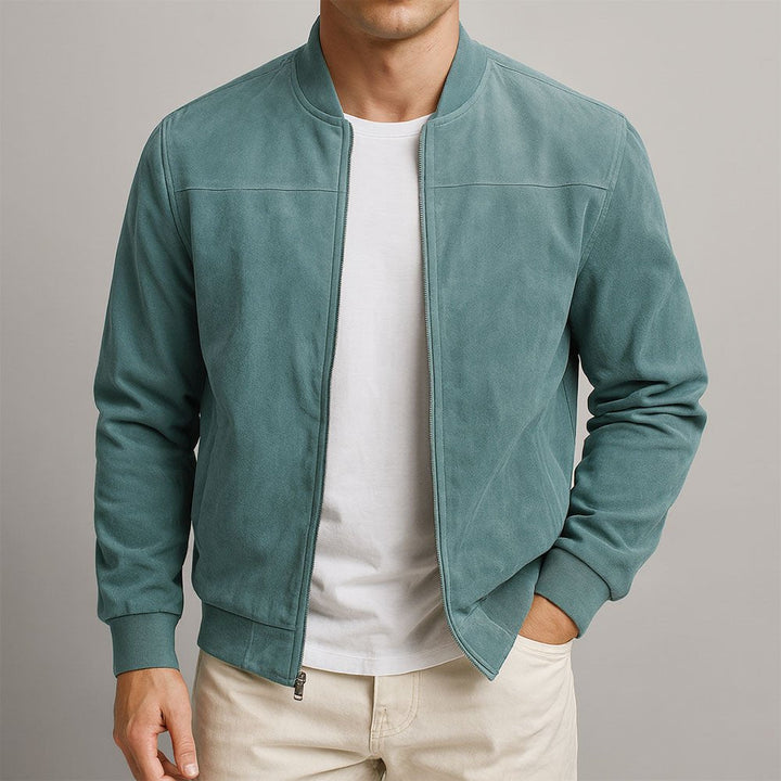Versatile men's bomber jacket, a structured outerwear piece for transitional seasons and layering.