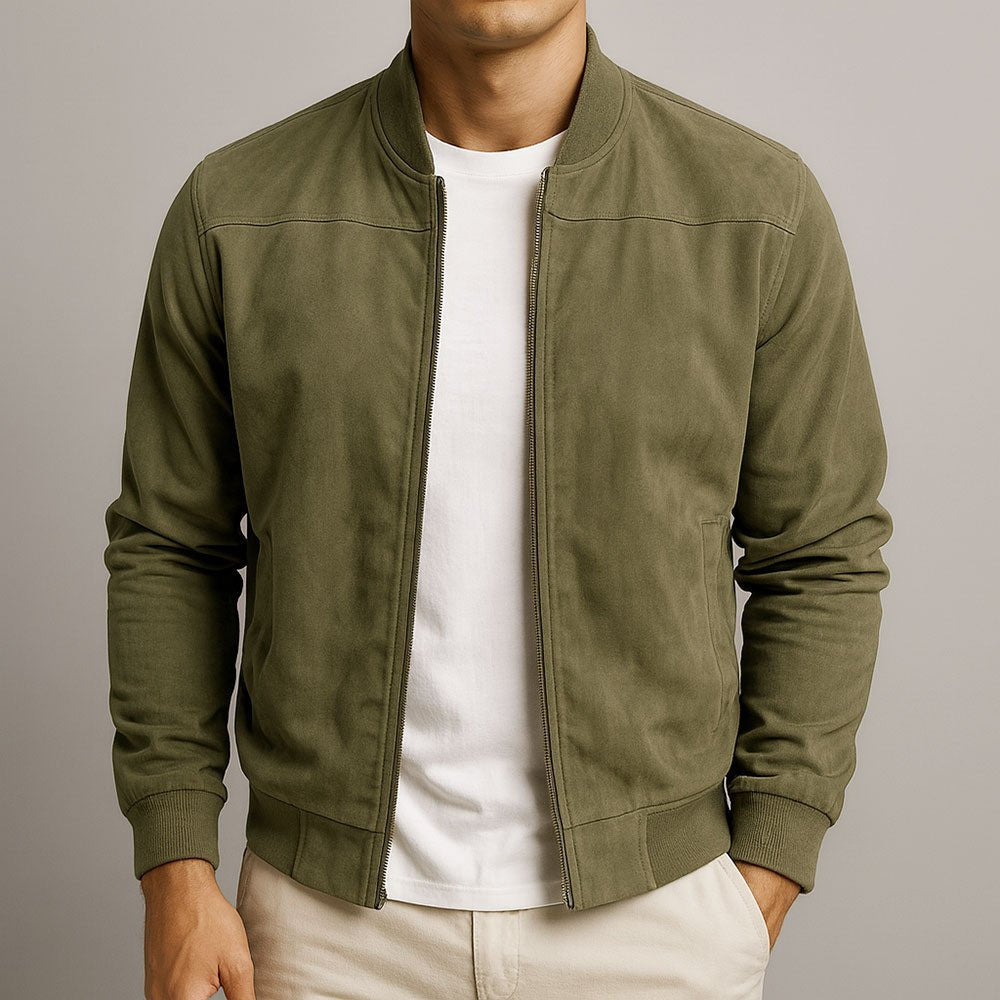 Men's structured bomber jacket for sophisticated casual style. A key tailored outerwear piece.