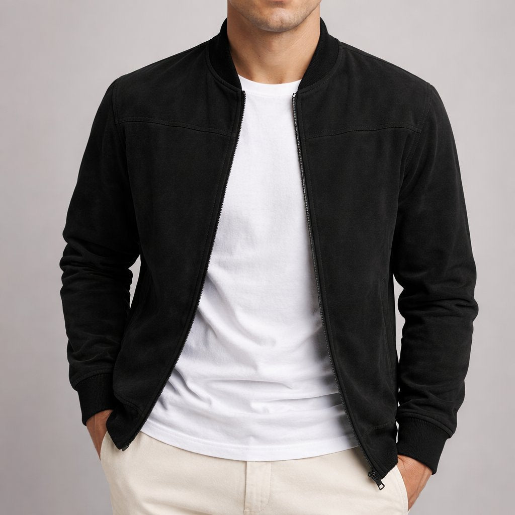 Man wearing a stylish structured bomber jacket, perfect outerwear for smart casual men's fashion.