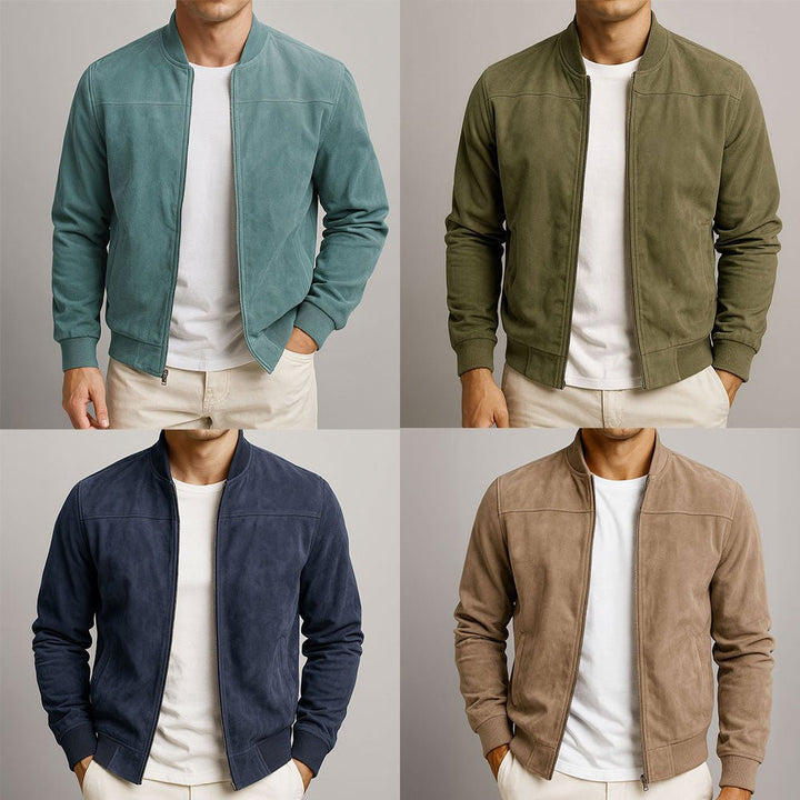 Elevate your look with this structured men's bomber jacket, an essential piece of versatile, tailored outerwear.