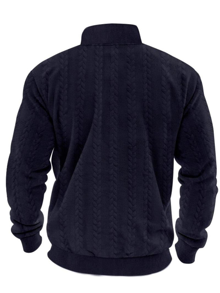 Close-up of the knit texture on the men's structured half-zip pullover, perfect for fall and winter fashion