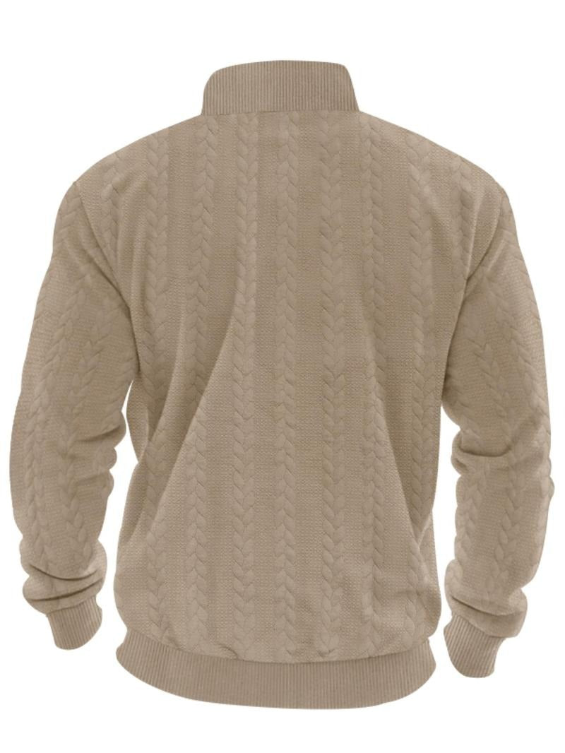 Detail of the half-zip closure on the men's knit sweater, a key feature of this stylish pullover