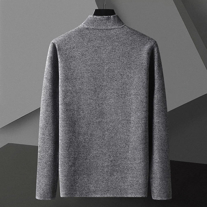 Three men's structured knit jackets in gray, khaki, and black, lined up, casual & modern