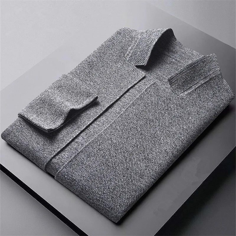 Men's knit jacket in khaki with a stand collar and button front closure, textured outerwear