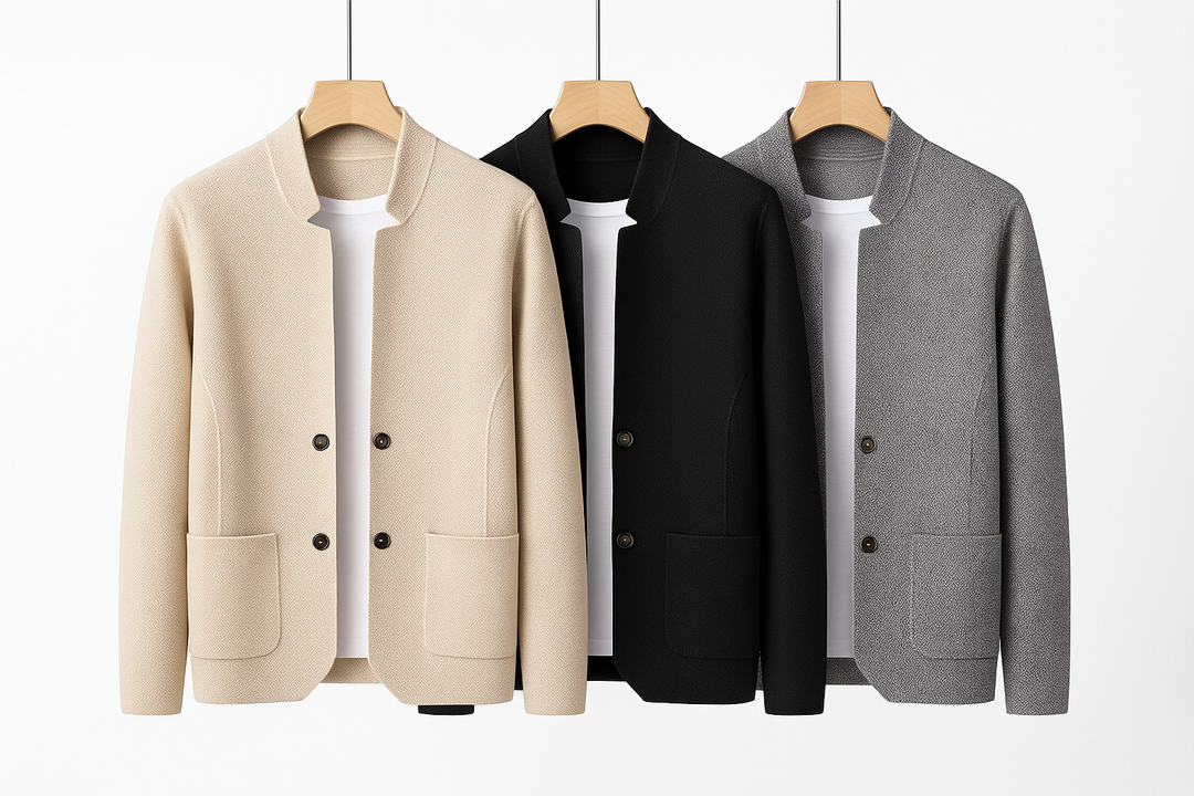Detail of the stand collar and button-front closure on a men's structured knit jacket