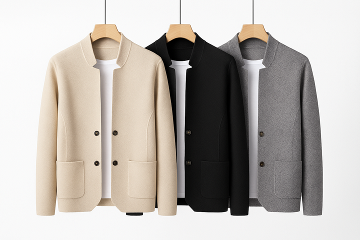 Casual men's structured knit jacket in black, a versatile and modern outerwear piece