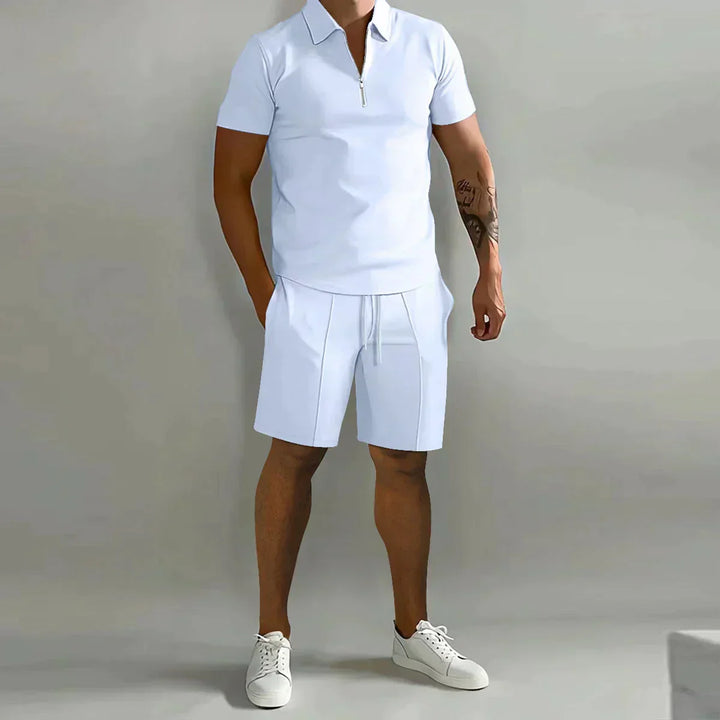 Men's fashionable two-piece set with a zip polo shirt & drawstring shorts for summer casual wear.