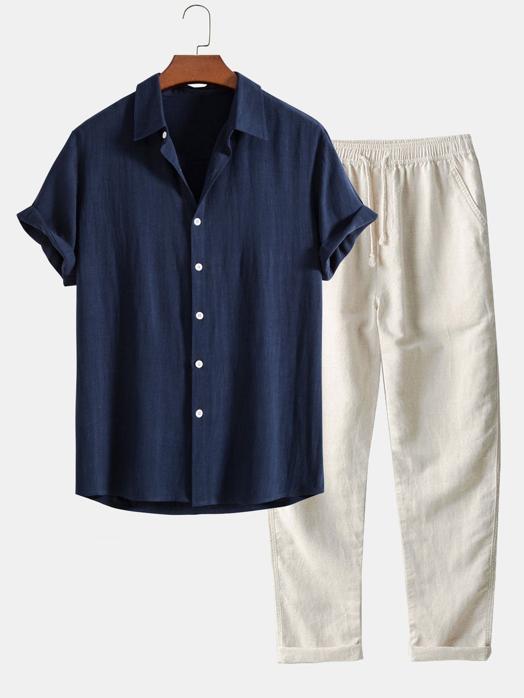 Men's stylish band collar co-ord set with short sleeve shirt & relaxed trousers for summer casual wear.