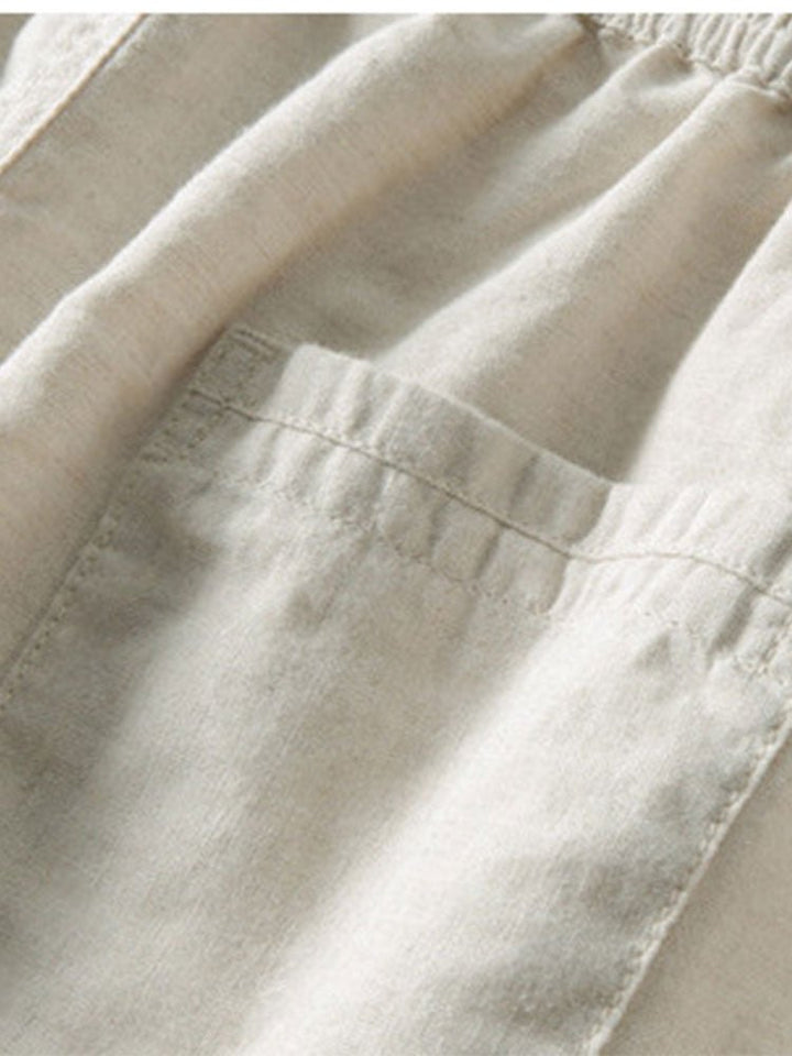 Blue men's band collar co-ord set, a stylish short sleeve shirt & trousers for summer vacation.