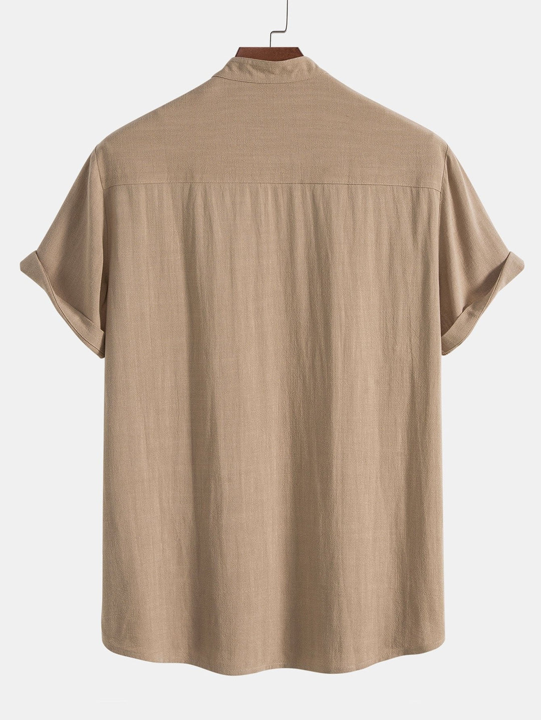 Men's modern band collar outfit set: short sleeve shirt and comfortable matching trousers for stylish ease.