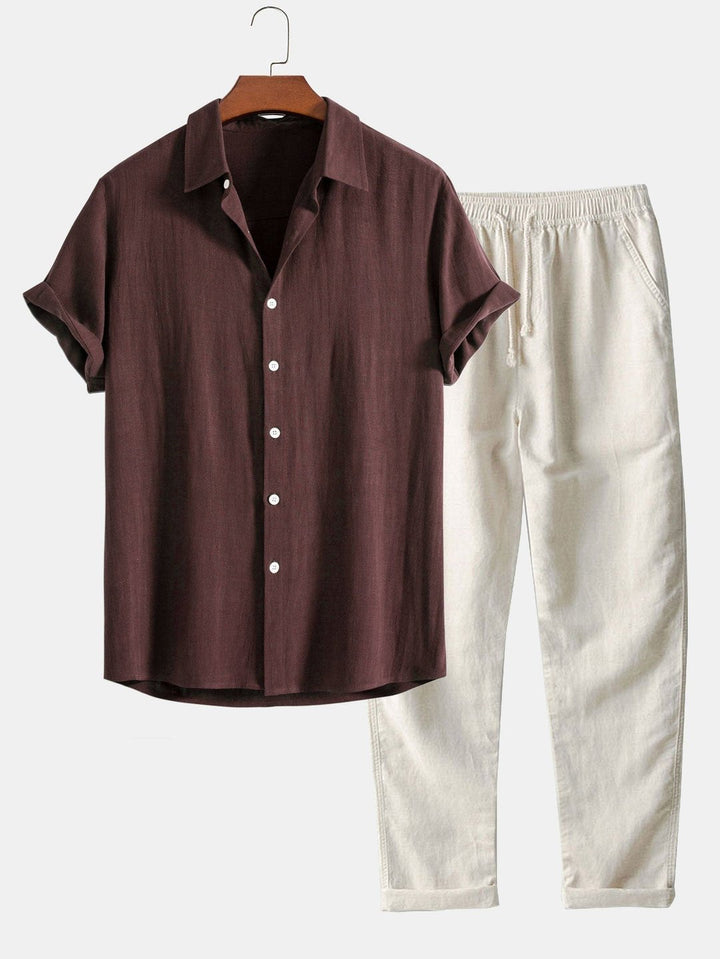 Stylish men's band collar shirt and matching trousers, perfect for smart casual summer outfits.