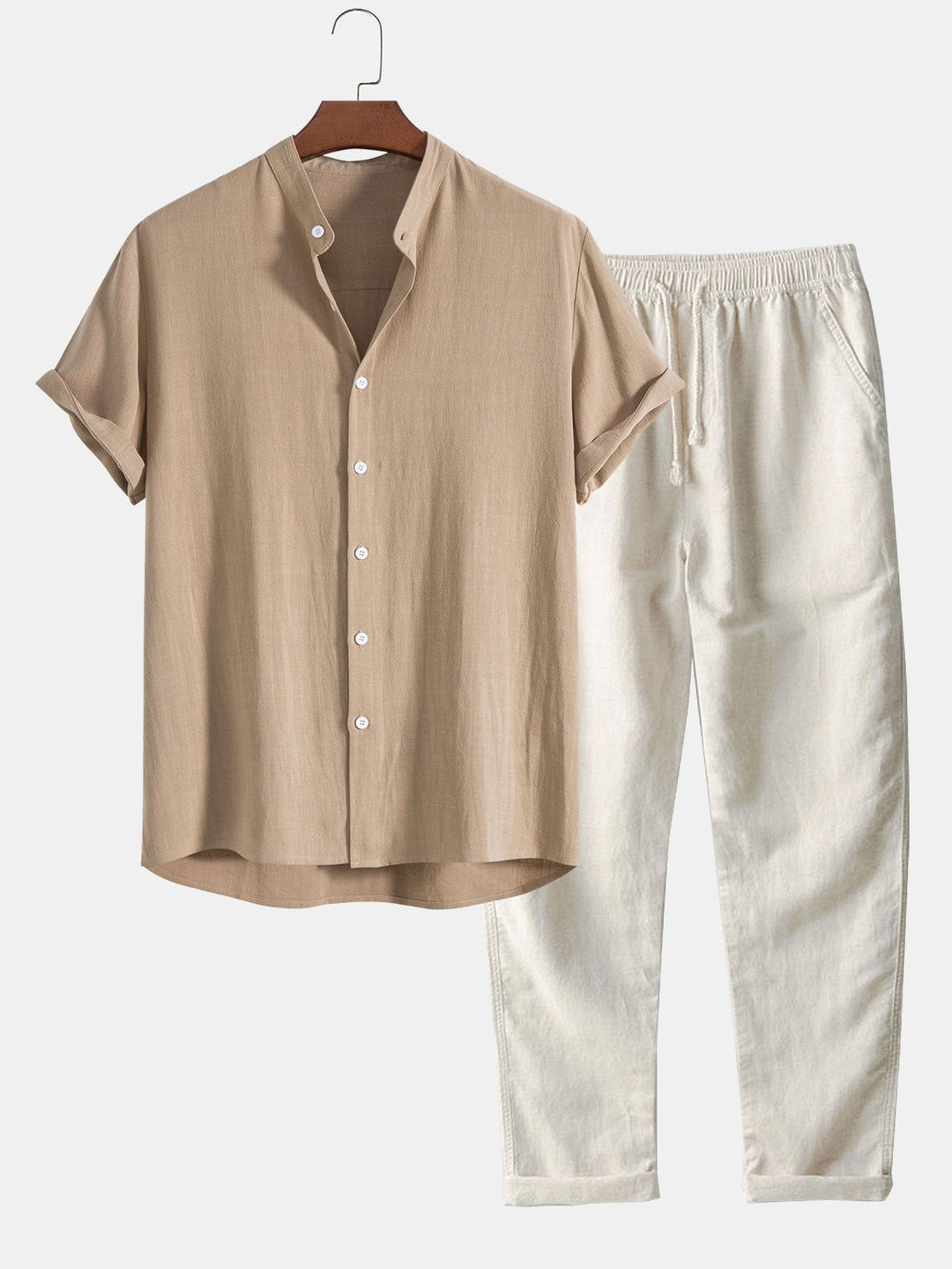Relaxed fit men's trousers paired with a band collar shirt, a comfortable two-piece set for vacations.