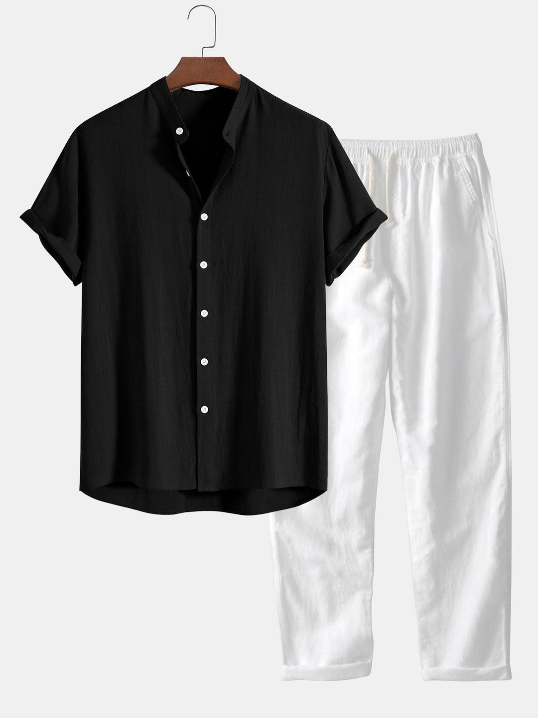 Men's summer co-ord set featuring a short sleeve band collar shirt and matching trousers for vacation style.