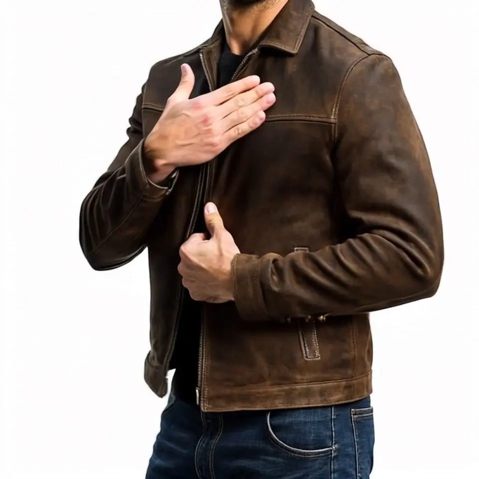 Modern fit men's zip-up biker jacket. Sleek long-sleeve outerwear, ideal for all-season men's fashion & casual style.