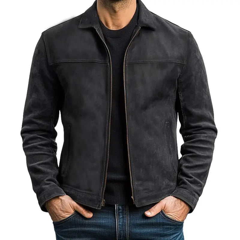 Man wearing a sleek zip-up long-sleeve biker jacket, showcasing its stylish modern fit for casual outings & smart-casual looks.