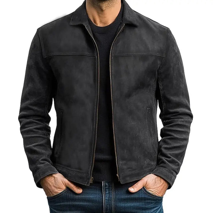Man wearing a sleek zip-up long-sleeve biker jacket, showcasing its stylish modern fit for casual outings & smart-casual looks.