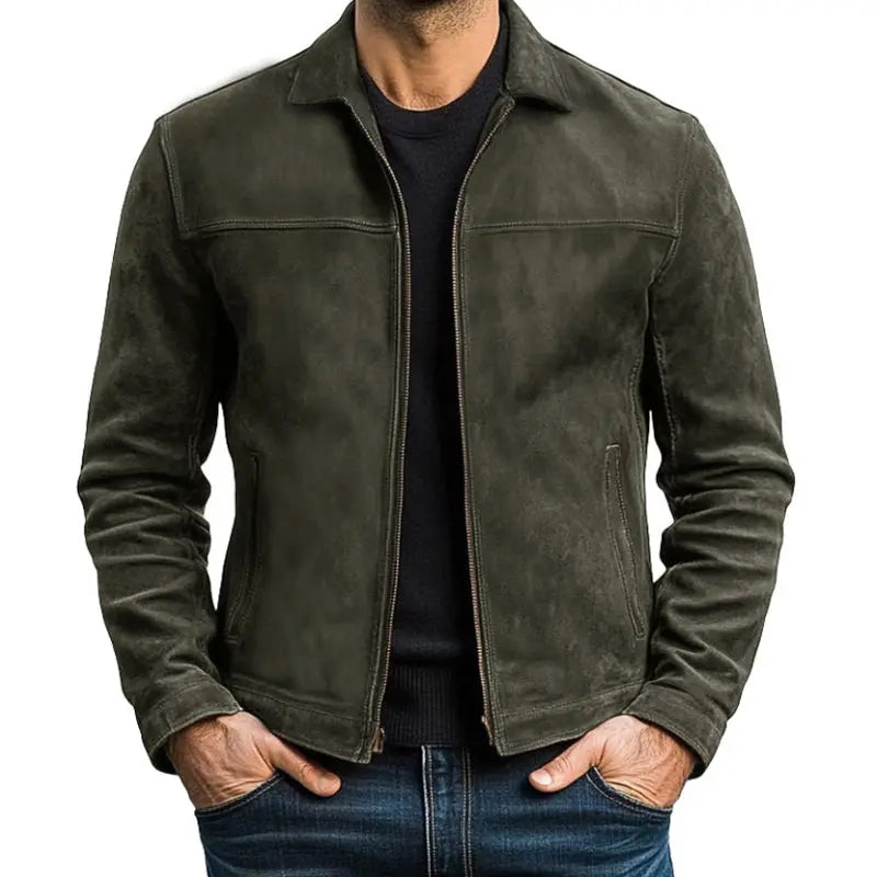 Front view of a men's zip-up biker style jacket, featuring long sleeves & a modern fit, ideal for smart casual & everyday wear.