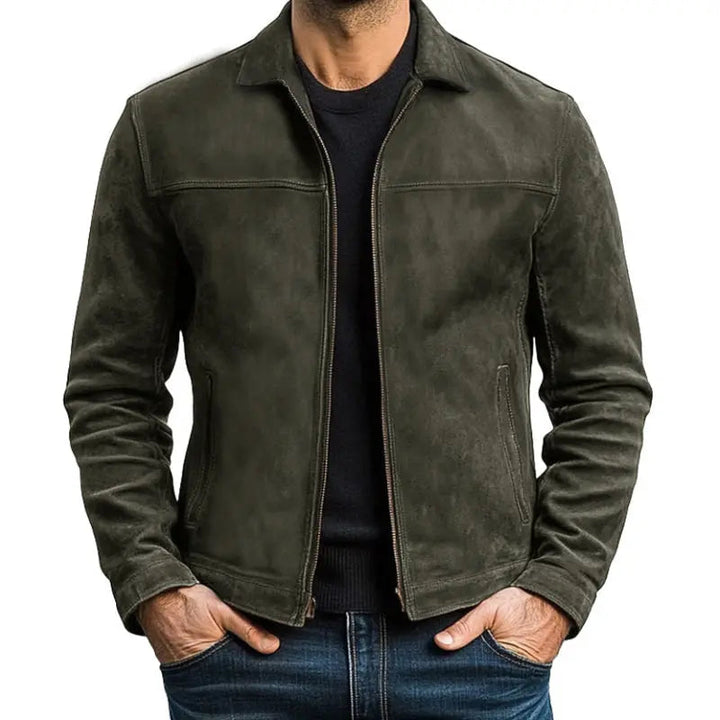 Front view of a men's zip-up biker style jacket, featuring long sleeves & a modern fit, ideal for smart casual & everyday wear.