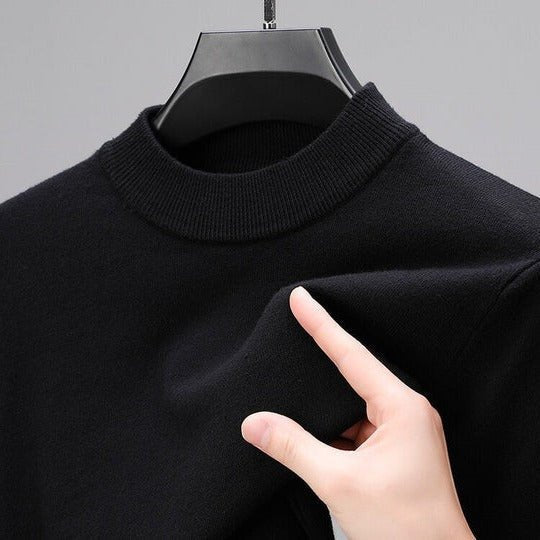 Back view of a fitted yet comfortable men's mock neck pullover, showing its quality and casual style.