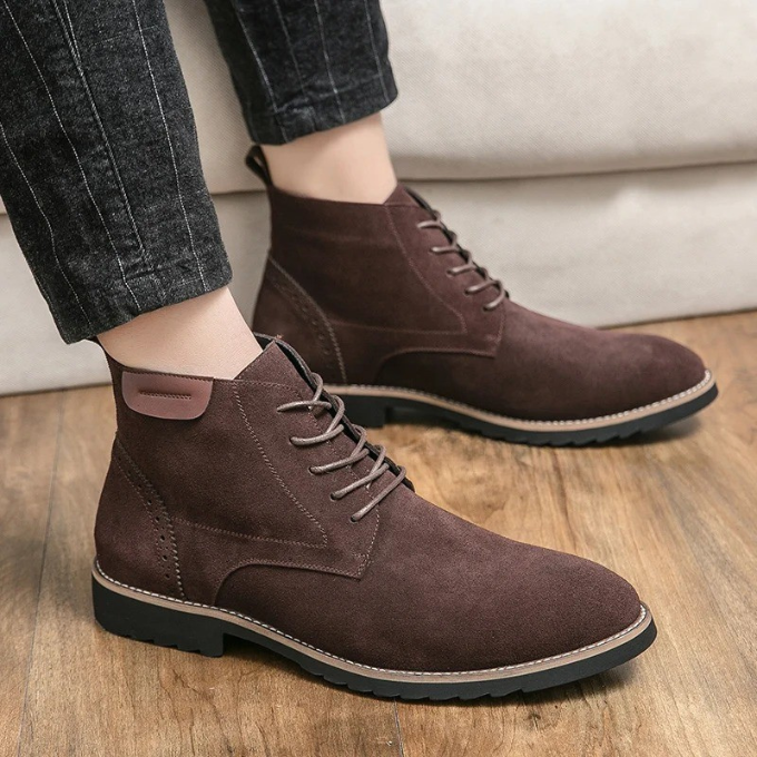 Side view of men's fashionable black suede boots, blending casual and dressy styles