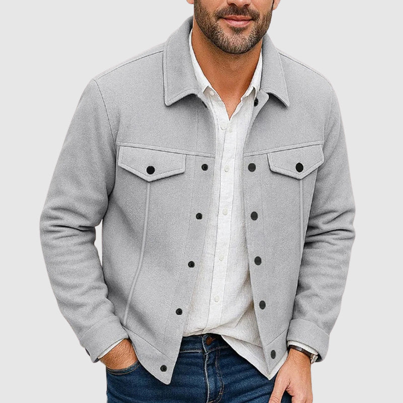 Close-up of a men's button-down shirt jacket fabric, showing texture & quality for a smart casual look.