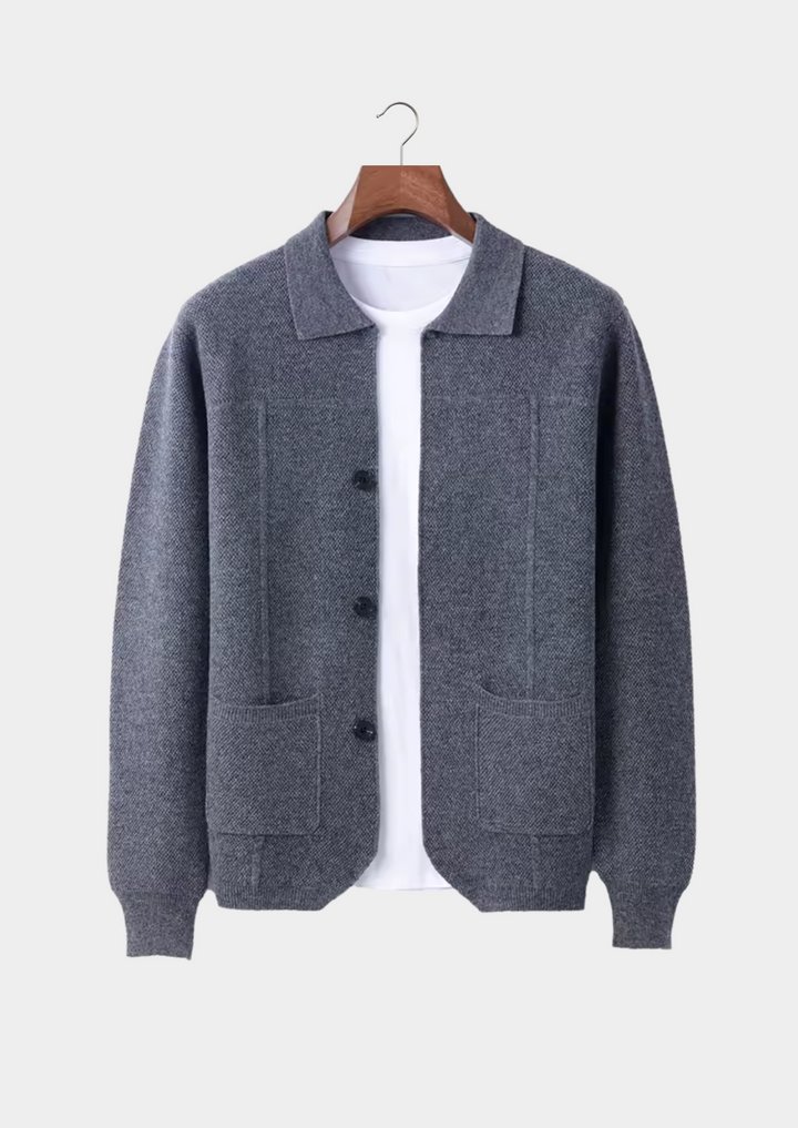 Men's stylish button-up cardigan sweater with collar and front pockets, perfect for versatile everyday wear.