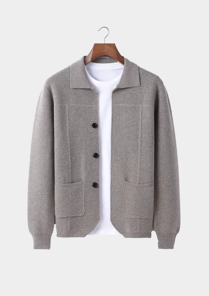 Versatile men's knit cardigan sweater, ideal for casual fashion or business casual layering. Relaxed fit.