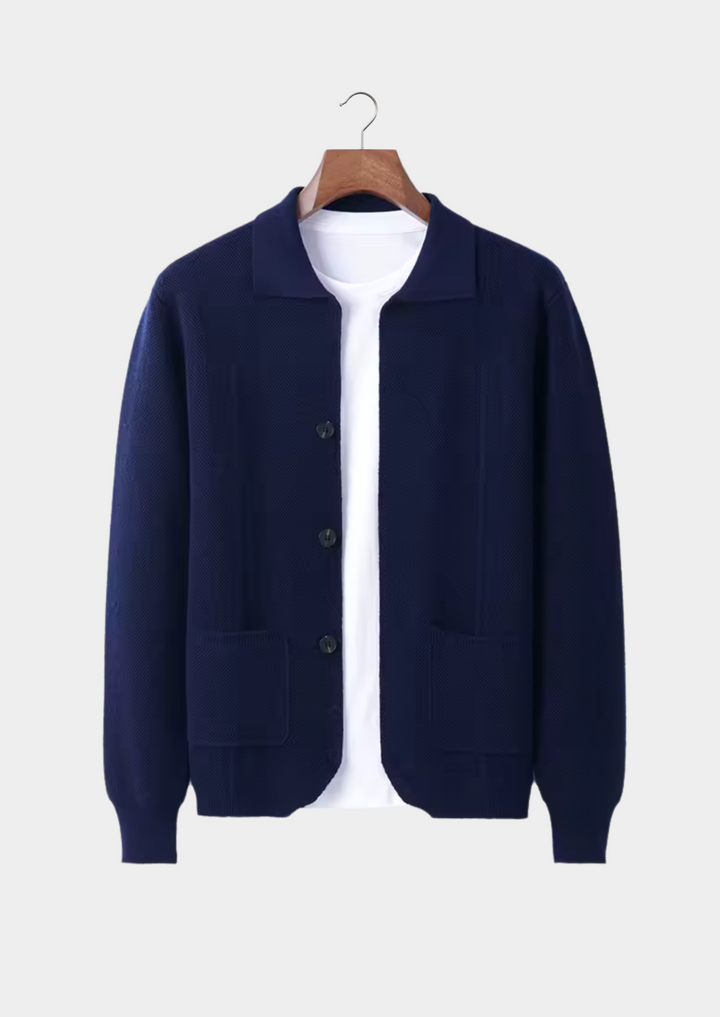 Modern men's stylish button-up cardigan, soft knitwear for versatile layering in casual and business casual settings.
