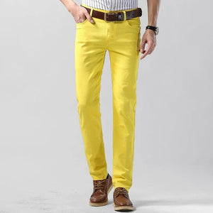 Detail of men's cotton blend casual trousers, highlighting fabric texture and comfortable regular fit.