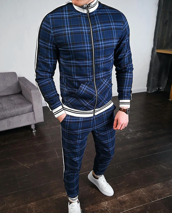 Men's check pattern jogger set with matching top, ideal for sport, autumn, or spring casual wear.