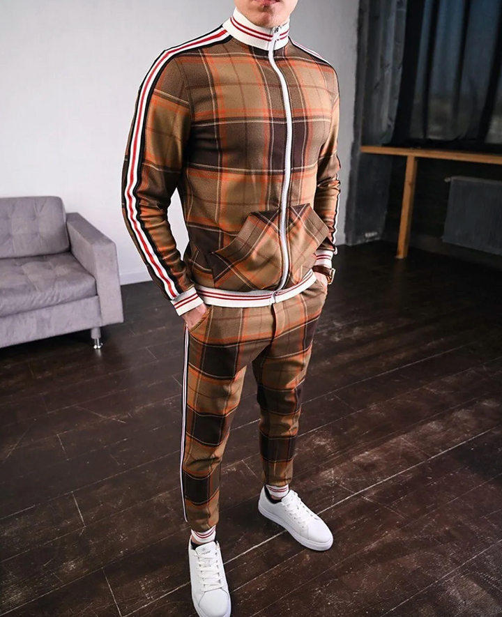 Dorian men's stylish check pattern tracksuit, a fashionable two-piece outfit for sporty casual autumn looks.