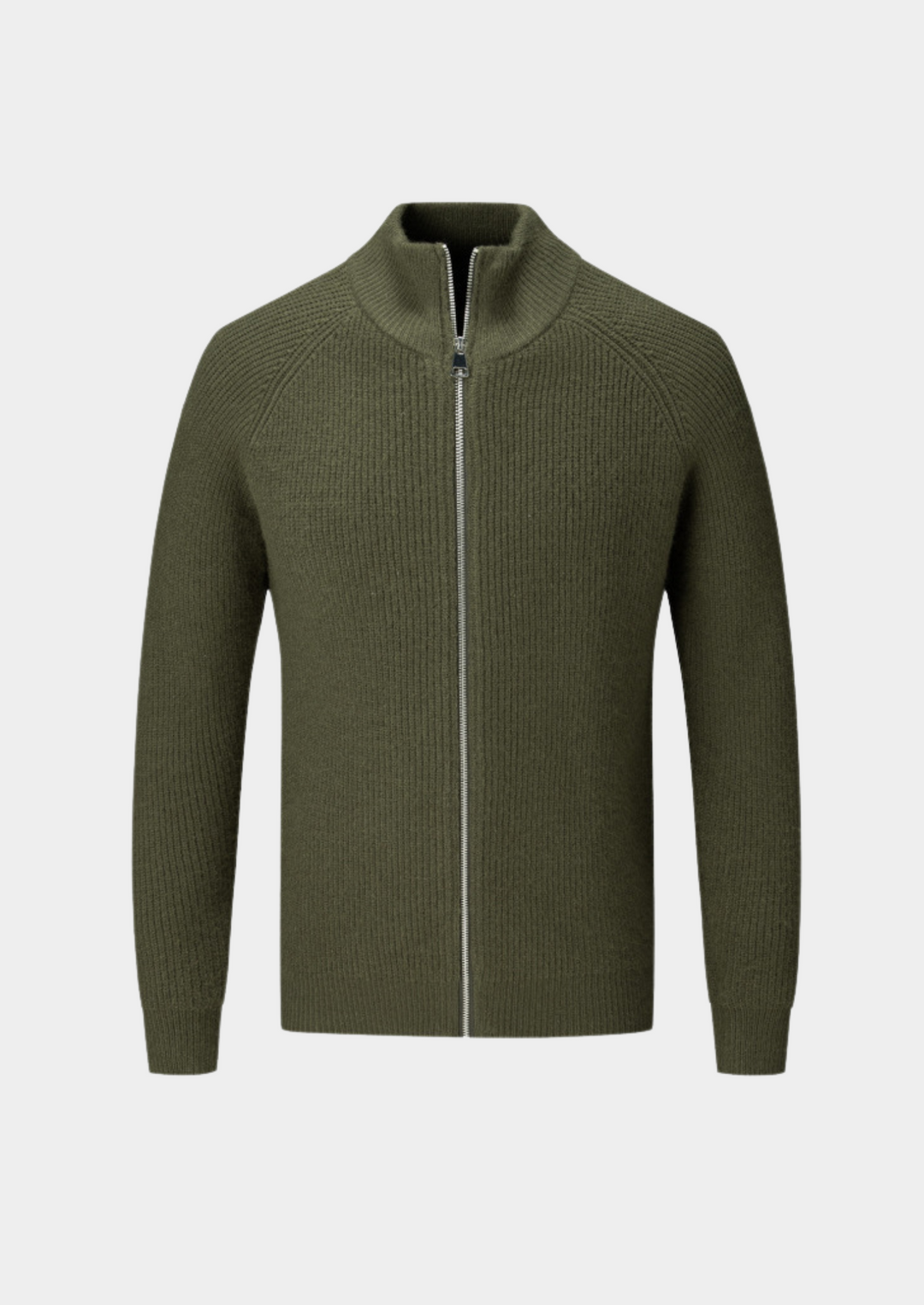 Men's versatile funnel neck zip-up sweater. Stylish casual layering cardigan for all seasons.