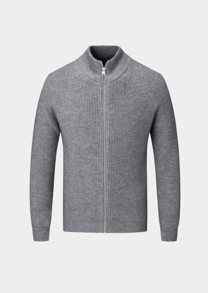 Versatile men's funnel neck zip-up sweater. Ideal for smart casual & casual layering. Modern menswear jacket.