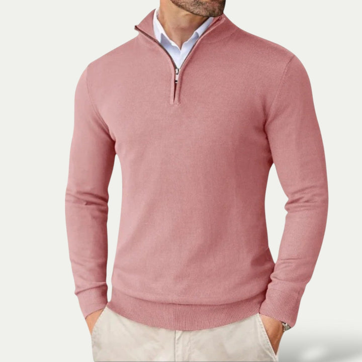 Versatile men's half-zip sweater, a classic layering piece for year-round smart casual style.