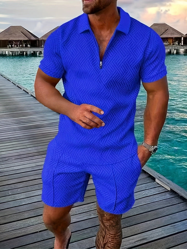 Men's stylish jacquard shirt & shorts matching set, perfect for comfortable summer casual wear.